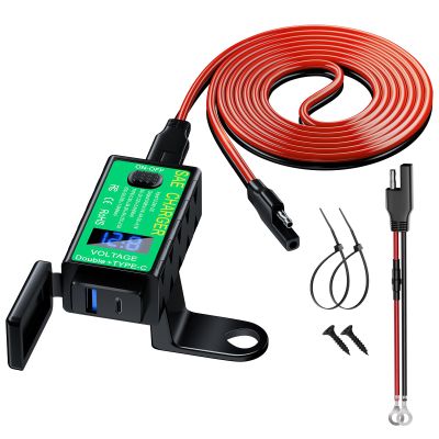 YONHAN Motorcycle Phone Charger, Total 60W 6.8A Dual USB Type C PD & QC 3.0 Motorcycle USB Charger, SAE to USB Adapter with Voltmeter & ON/Off Switch, Waterproof Motorcycle Accessories for Phone