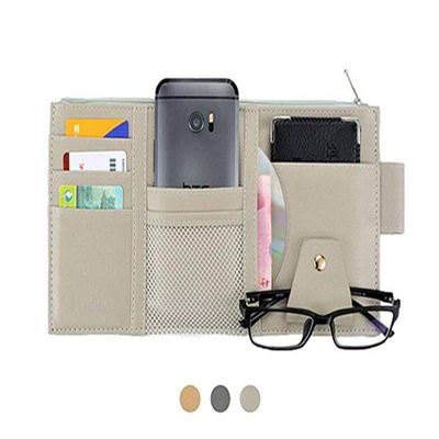 Itenqi Car Sun Visor Organizer, Auto Interior Accessories Sunglass Pen CD Card Slots Document Pouch Holder PU Leather Multi-Pocket with Zipper Gray