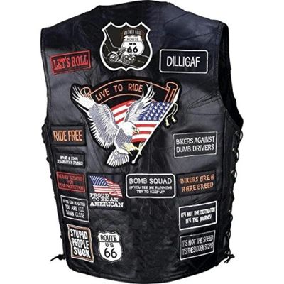 Diamond Plate Rock Design Genuine Buffalo Leather Biker Vest With 42 Patches- L