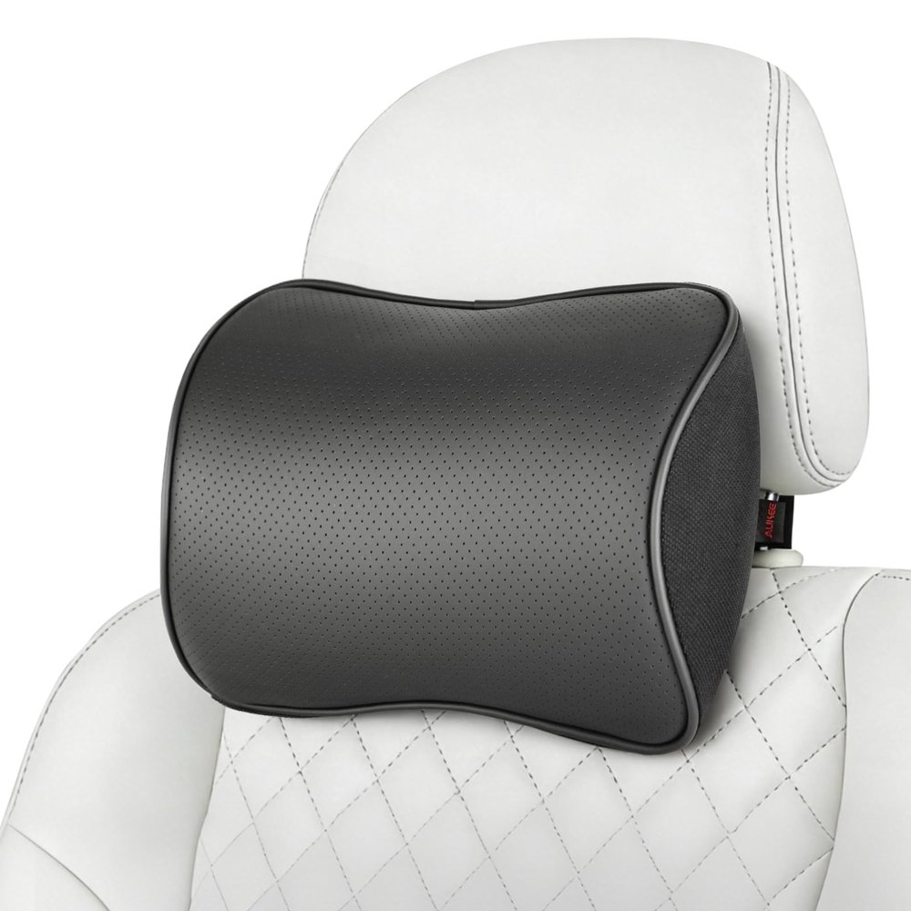 Aukee Car Headrest Pillow Memory Foam Car Neck Pillow with Adjustable Strap Soft Leather Headrest for Driving Home Office Black (1PC)