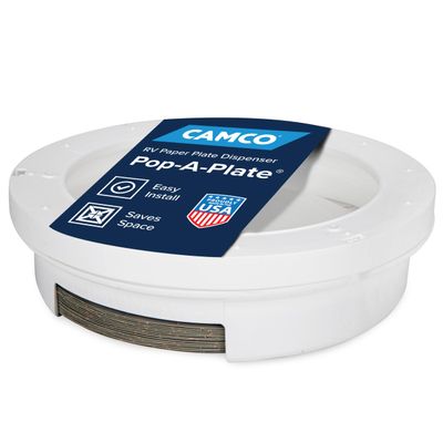 Camco Pop-A-Plate Plastic Plate Dispenser - Measures 10.2" Diameter x 2.6" Tall - Holds 9" Paper Plates - Ideal for Compact Spaces, RVs and Trailers - Mounts Under Cabinets or Shelves - White (57001)