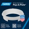 Camco Pop-A-Plate Plastic Plate Dispenser - Measures 10.2" Diameter x 2.6" Tall - Holds 9" Paper Plates - Ideal for Compact Spaces, RVs and Trailers - Mounts Under Cabinets or Shelves - White (57001) view 2