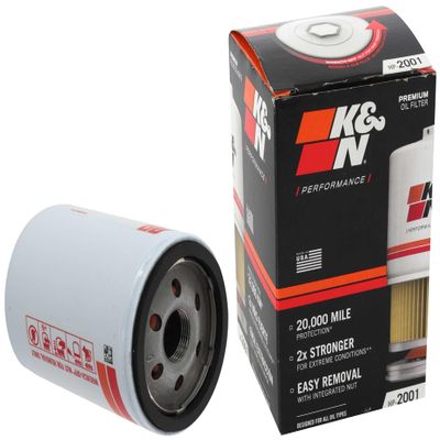 K&N Premium Oil Filter: 20,000 Mile Engine Protection with Wrench Off Nut: Compatible with Select CHEVROLET/GMC/CADILLAC/BUICK Vehicle Models (See Product Description for Select Models), HP-2001