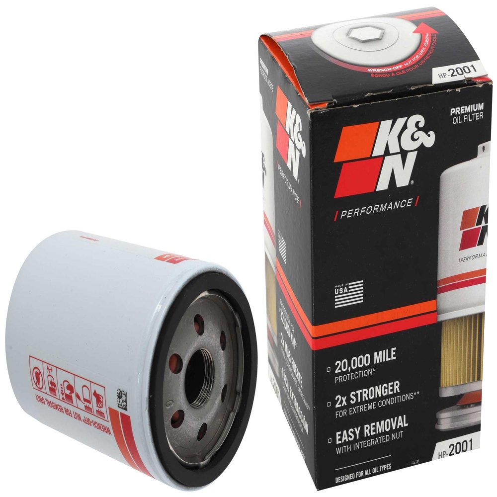 K&N Premium Oil Filter: 20,000 Mile Engine Protection with Wrench Off Nut: Compatible with Select CHEVROLET/GMC/CADILLAC/BUICK Vehicle Models (See Product Description for Select Models), HP-2001