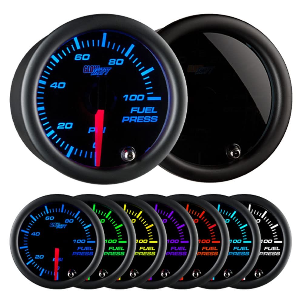 GlowShift Tinted 7 Color 100 PSI Fuel Pressure Gauge Kit, 2-1/16" 52mm