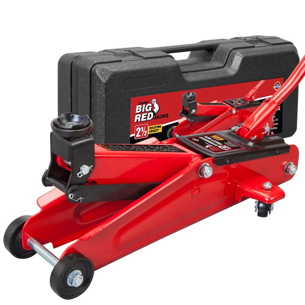BIG RED 2.5 Ton Hydraulic Trolley Floor Service/Floor Jack with Blow Mold Carrying Storage Case, Lifting Range 5.3"-14.8", 5000lb Capacity, Red