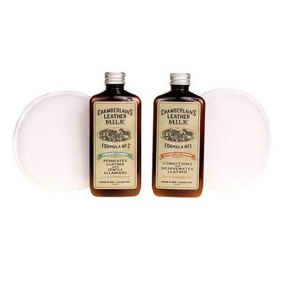 Chamberlain's Leather Milk Conditioner and Cleaner Kit - No. 1 - 2 Conditioner + Cleaner Kit - All Natural, Non-Toxic Leather Care. 2 Sizes. Made in the USA. Includes 2 Premium Restoration Pads! 6 OZ