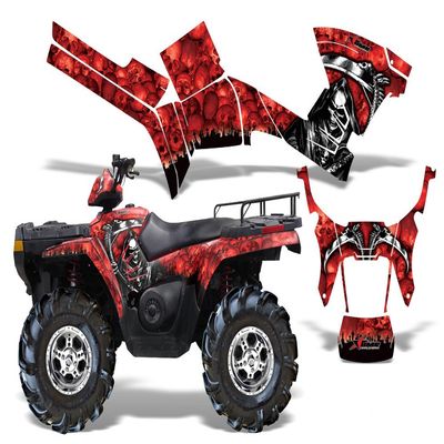 Reaper-AMRRACING Quad Graphics decal kit fits Polaris ATV Sportsman 400,500,800 (2005-2010)-Red
