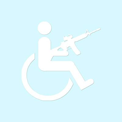 Handicap Gun Wheelchair - Vinyl Decal Sticker - 3.75" x 3.75" - White