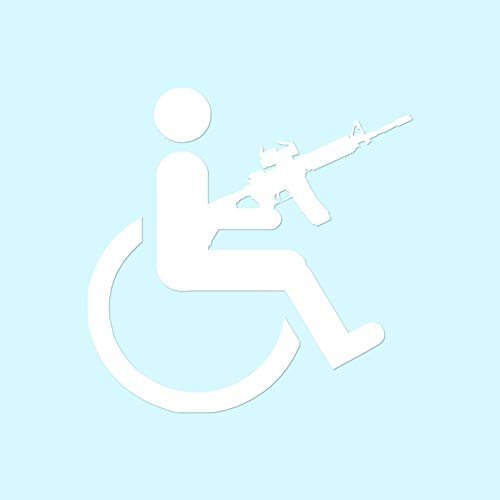 Handicap Gun Wheelchair - Vinyl Decal Sticker - 3.75" x 3.75" - White