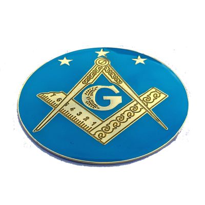Masonic [Master Mason 3 Steps 5 Point Stars] Alloy Sky Blue and Golden Color Auto Emblem 3" inches in Diameter