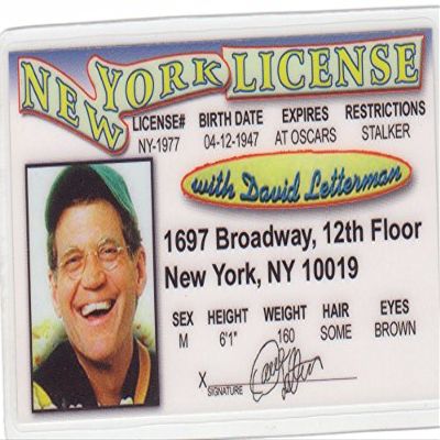 David Letterman Drivers License / Fake I.d. Identification for Late Show Fans