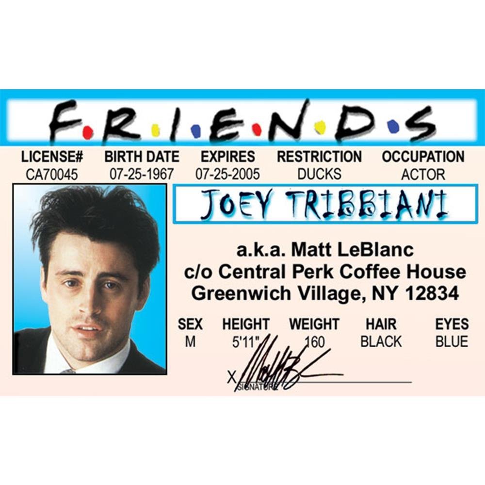 Signs 4 Fun Parody ID | Friends - Joey Drivers License | Fake ID Novelty Card | Collectible Trading Card Drivers License | Novelty Gift for Holidays | Made in The USA
