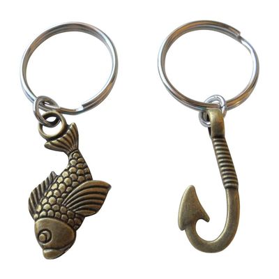 JewelryEveryday Bronze Fish and Hook Keychain - I'm Hooked On You; Couples Keychain