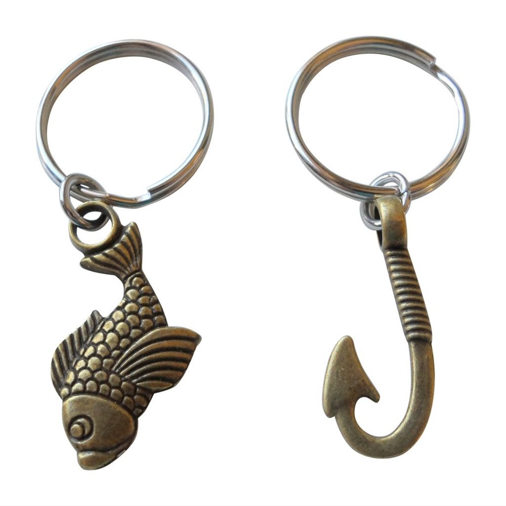 JewelryEveryday Bronze Fish and Hook Keychain - I'm Hooked On You; Couples Keychain