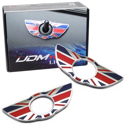 iJDMTOY Union Jack Style Wing Emblem Rings Compatible with Mini Cooper R60 Countryman R61 Paceman Door Lock Knobs, Red/Blue UK Flag Design