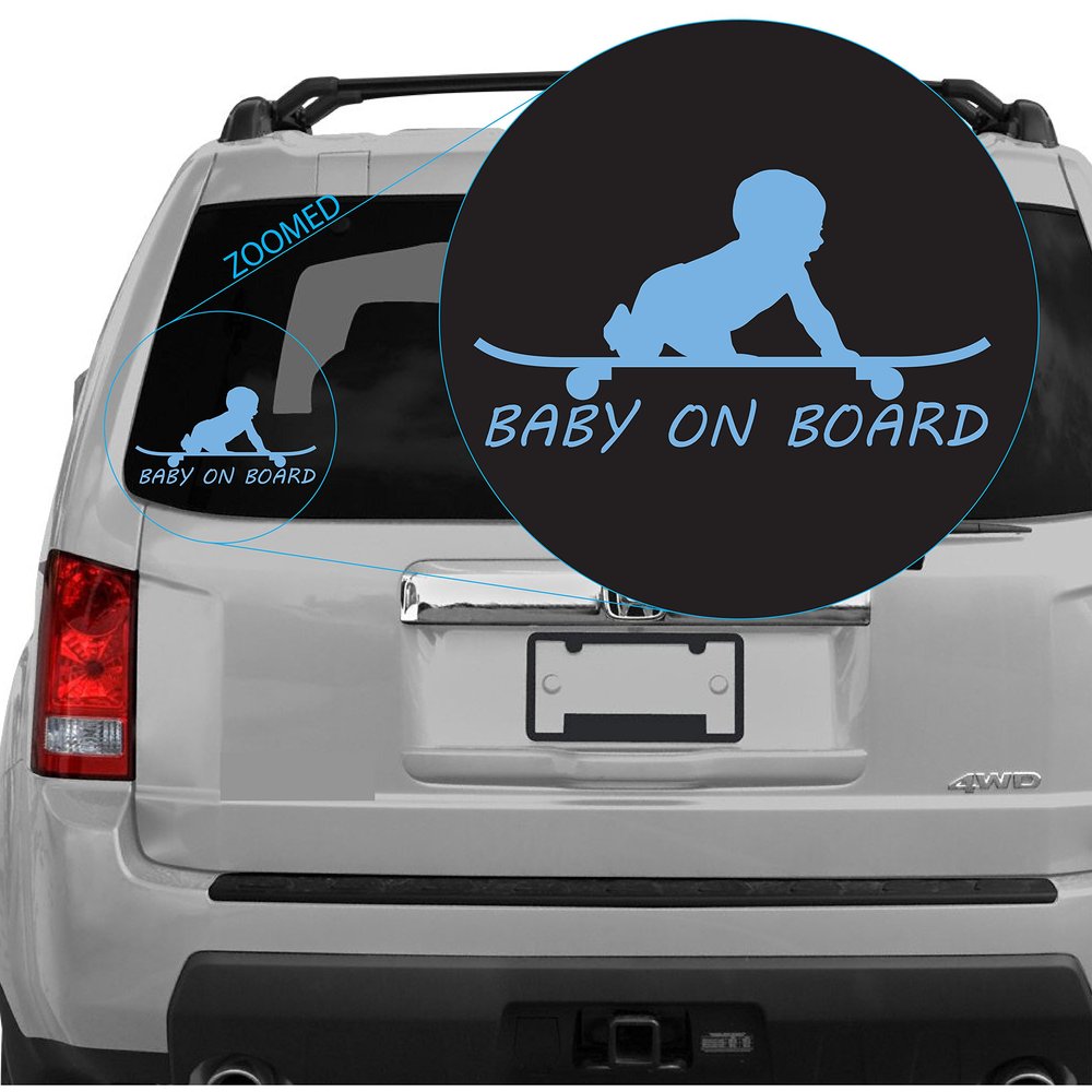 Yoonek Graphics Baby on Board Boy on Skateboard Decal Sticker (Baby Blue) (SKU: 301BabyBlue6w)