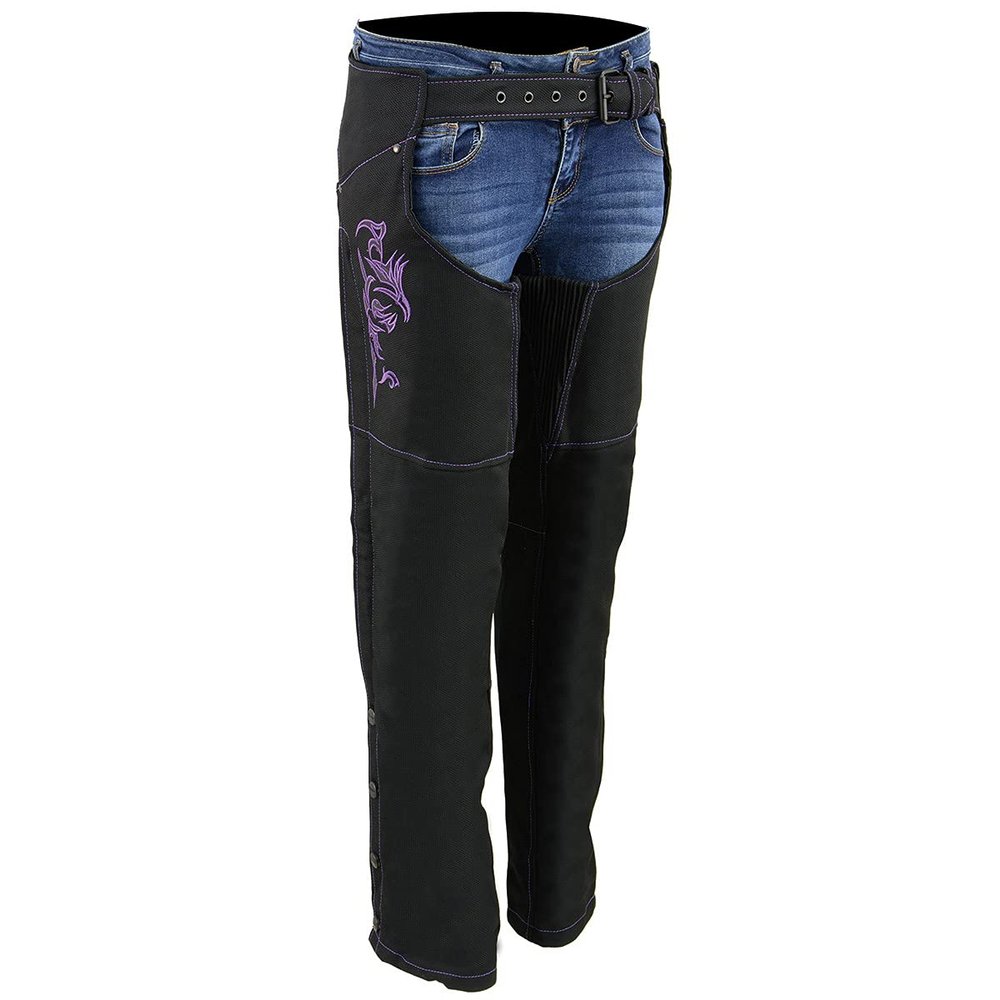 Milwaukee Leather SH1182 Women's Black with Purple Textile Motorcycle Riding Chaps with Tribal Embroidery - 2X-Large