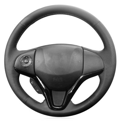 Loncky Black Genuine Leather Custom Fit Hand Stitched OEM Car Steering Wheel Cover for 2015 2016 Honda Fit / 2016 Honda HRV HR-V Interior Accessories DIY