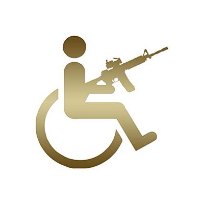 Handicap Gun Wheelchair - Vinyl Decal Sticker - 3.75" x 3.75" - Gold