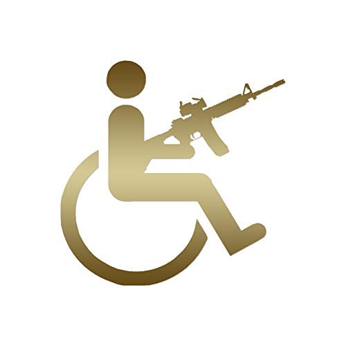 Handicap Gun Wheelchair - Vinyl Decal Sticker - 3.75" x 3.75" - Gold
