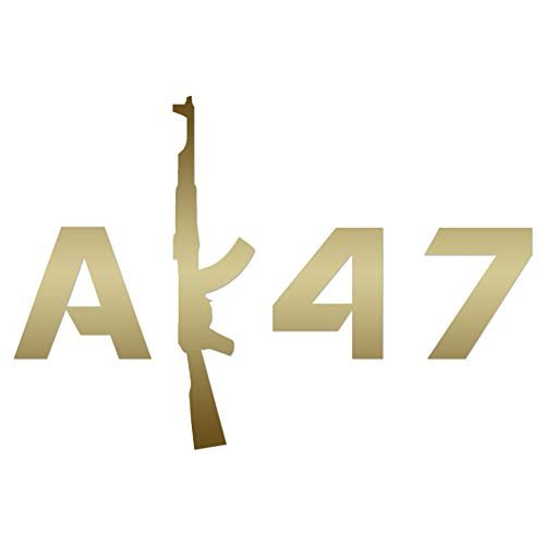 AK 47 Gun Text - Vinyl Decal Sticker - 5.5" x 3.75" - Gold