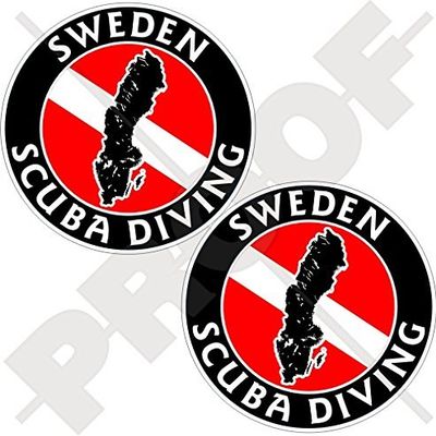 SWEDEN SCUBA DIVING Flag-Swedish Map Shape 75mm (3") Circular Vinyl Bumper Stickers, Decals x2