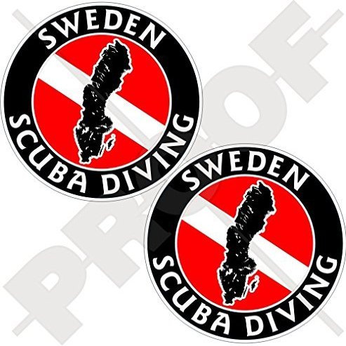 SWEDEN SCUBA DIVING Flag-Swedish Map Shape 75mm (3") Circular Vinyl Bumper Stickers, Decals x2
