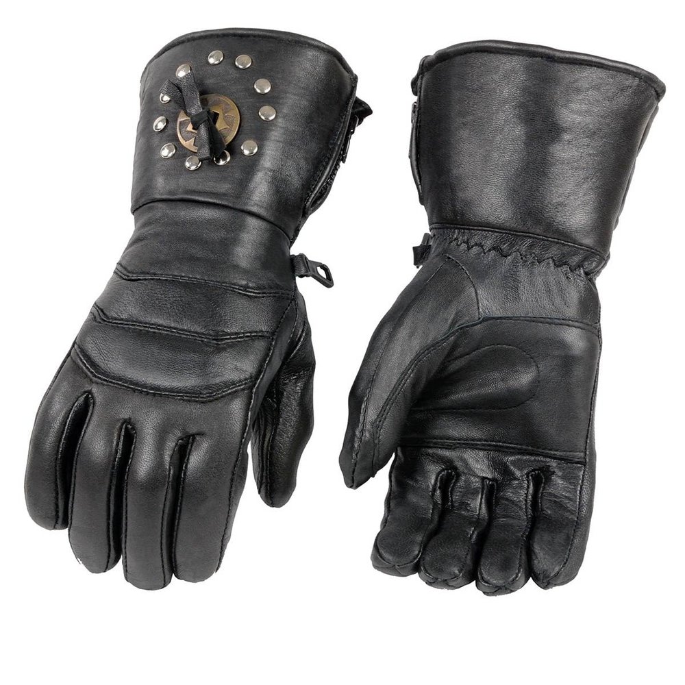 Milwaukee Leather Men's Gauntlet Motorcycle Hand Gloves-Black Leather Thermal Lined with Conchos on Cuff- SH238 - X-Small