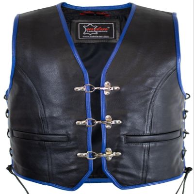 Men's motorcycle leather vest biker vest club vest in black with blue border (Size S, Black/Blue)