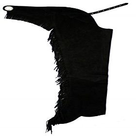 Equestrian Riding Adult Suede Leather Chaps with Fringe Down Each Leg and Concho on Back (Black, Large)