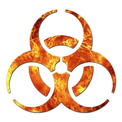 Decorative Decal - Bio Hazard Symbol 4" x 3.75" - Orange Flames - Vinyl Sticker
