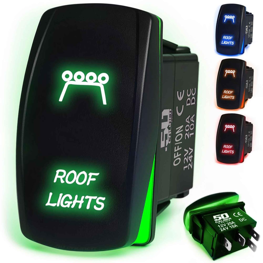 50 Caliber Racing LED Rocker Switch for Roof Lights 12V 20A Toggle Control with Backlight, Waterproof ON/Off Switch for UTV, Boat, ATV, Off-Road & Automotive Use, Green, (5360A24)
