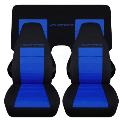 Totally Covers Compatible with 1982-1992 Chevy Camaro 2-Tone Seat Covers w Your Name/Text: Black & Dark Blue - Full Set Coupe/Convertible Solid/Split Bench Chevrolet