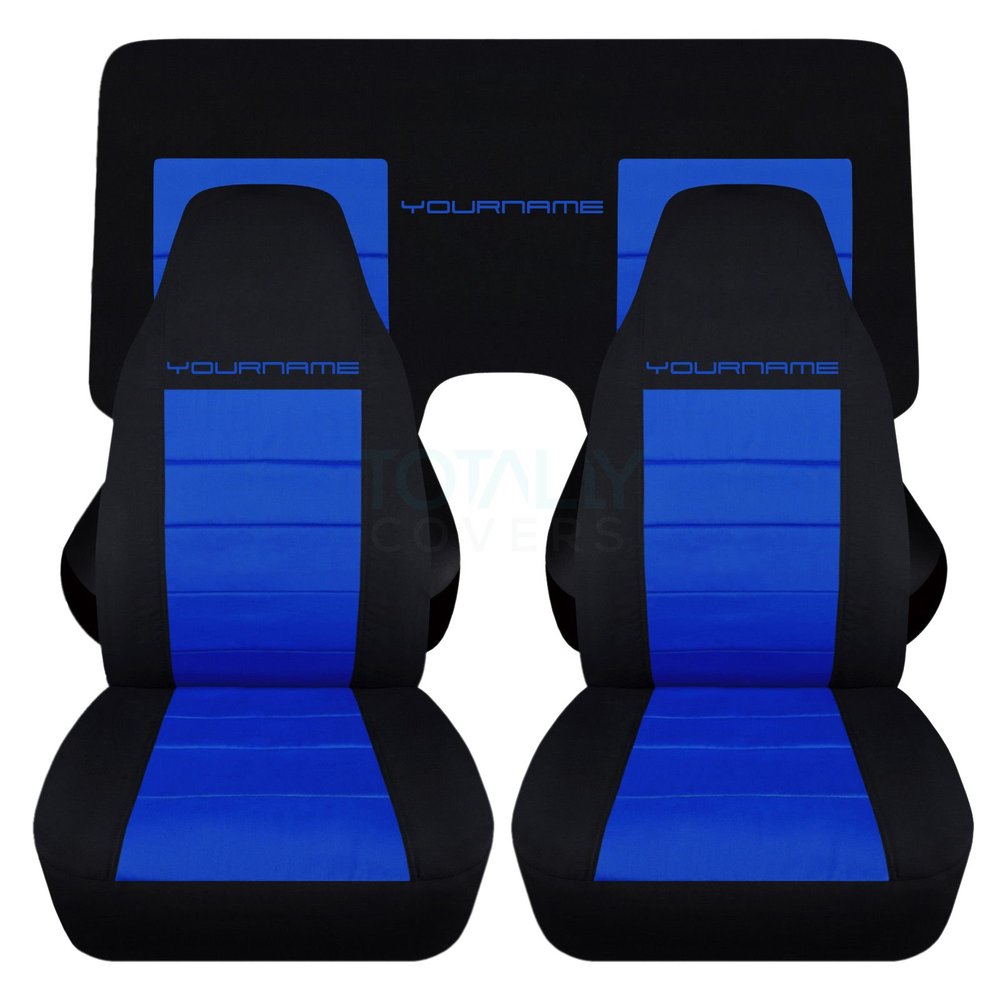 Totally Covers Compatible with 1982-1992 Chevy Camaro 2-Tone Seat Covers w Your Name/Text: Black & Dark Blue - Full Set Coupe/Convertible Solid/Split Bench Chevrolet