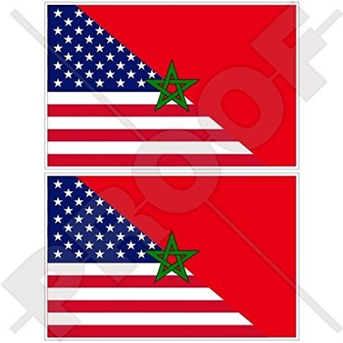 USA United States of America & Morocco Maroc, American-Moroccan Flag 4" (100mm) Vinyl Bumper Stickers Decals x2