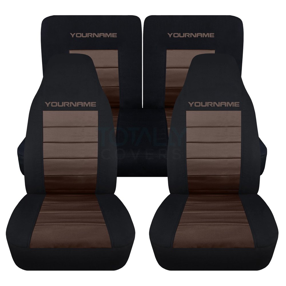Totally Covers Compatible with 1994-2004 Ford Mustang 2-Tone Seat Covers w Your Name/Text: Black & Brown - Full Set Coupe/Convertible Solid/Split Bench 4th Gen