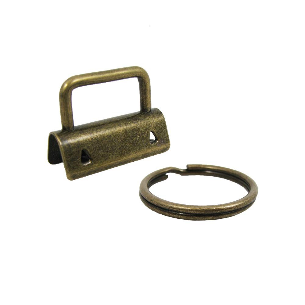 10 Key Fob Hardware with Key Rings Sets - 1" or 1.25" - Antique Brass (1.25")