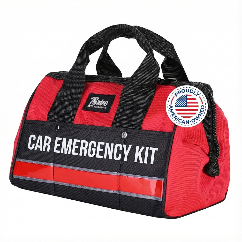 Thrive Car Emergency Kit & Roadside Emergency Car Kit - 104-Piece Set, Red Canvas Bag, Universal Fit - Jumper Cables, Escape Hammer & Tire Gauge - Road Trip Essentials & Emergency Supplies