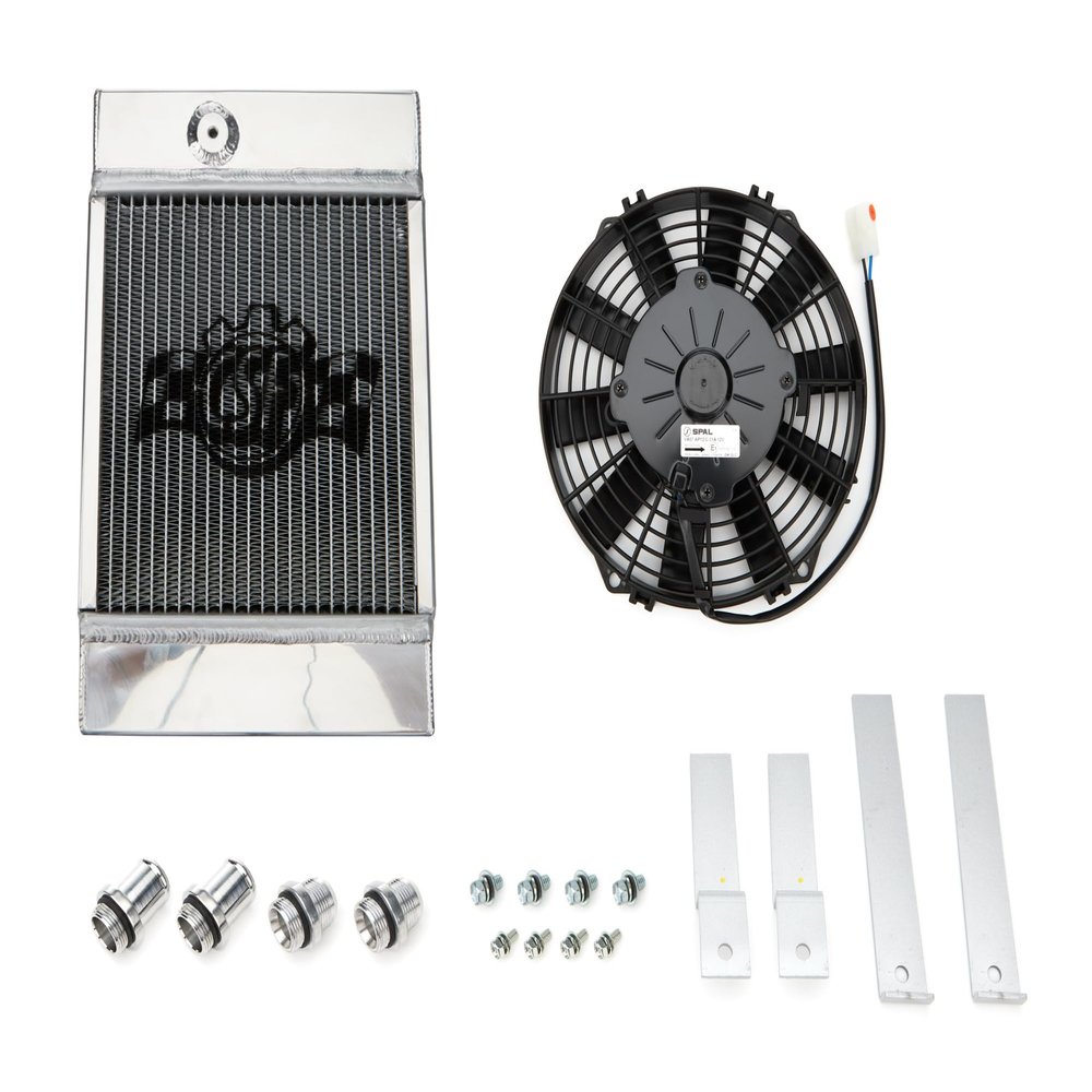 CSF Radiator, 10.5 in W x 14.5 in H x 5.625 in D, Single Pass, Top Center Inlet, Top Center Outlet, Fan/Shroud Included, Aluminum, Polished, Universal, Each
