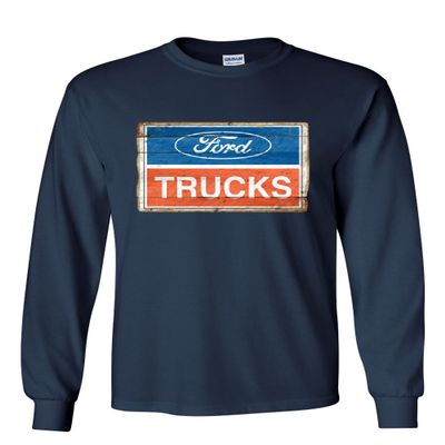 Ford Trucks Old Sign Long Sleeve T-Shirt Licensed Ford Built Tough Navy Blue Medium