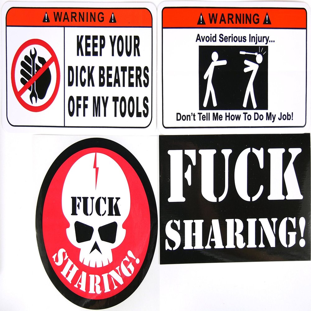 STKR Commander 4 Pack (1) Keep Your Dick Beaters Off My Tools (1) Avoid Serious Injury Don't Tell Me How to Do My Job (1) Fuck Sharing Skull (1) Black Fuck Sharing Toolbox Hardhat Skateboard Bumper