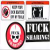 STKR Commander 4 Pack (1) Keep Your Dick Beaters Off My Tools (1) Avoid Serious Injury Don't Tell Me How to Do My Job (1) Fuck Sharing Skull (1) Black Fuck Sharing Toolbox Hardhat Skateboard Bumper view 1