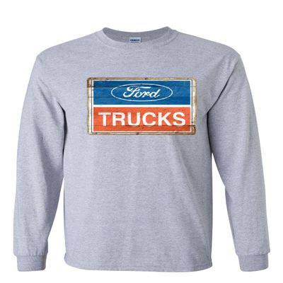 Ford Trucks Old Sign Long Sleeve T-Shirt Licensed Ford Built Tough Grey Medium