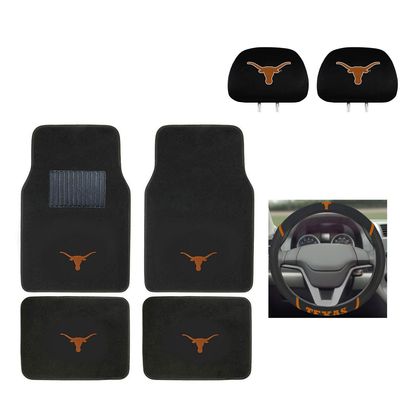 MULTI_B University of Texas Automotive Gift Set.Wow! Logo On Front and Rear Auto Floor Liner. You get 2 Head Rest Cover 4 Floor Mat and 1 Wheel Cover in This Gift Set. Perfect to Texas Longhorns Fan