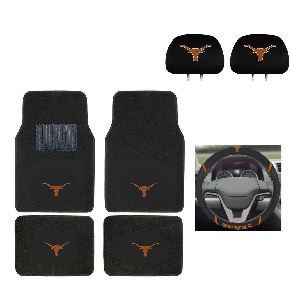 MULTI_B University of Texas Automotive Gift Set.Wow! Logo On Front and Rear Auto Floor Liner. You get 2 Head Rest Cover 4 Floor Mat and 1 Wheel Cover in This Gift Set. Perfect to Texas Longhorns Fan
