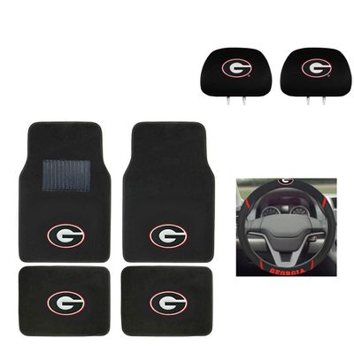 University of Georgia Automotive Gift Set.Wow! Logo On Front and Rear Auto Floor Liner. You get 2 Head Rest Cover 4 Floor Mat and 1 Wheel Cover in this gift set. Perfect to Georgia Bulldogs Fan