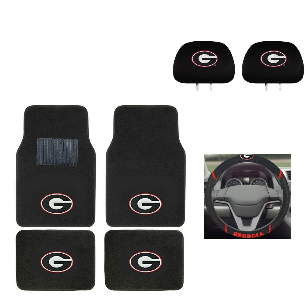 University of Georgia Automotive Gift Set.Wow! Logo On Front and Rear Auto Floor Liner. You get 2 Head Rest Cover 4 Floor Mat and 1 Wheel Cover in this gift set. Perfect to Georgia Bulldogs Fan