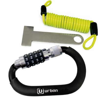 Urban UR140 Motorcycle Helmet Lock, Carabiner with Safer 4 Digit Code, T Buckle Adapter, More Visible Braided Steel Security Cable, Universal Anti Theft Accessory for Motorcycle and Bicycle Helmets