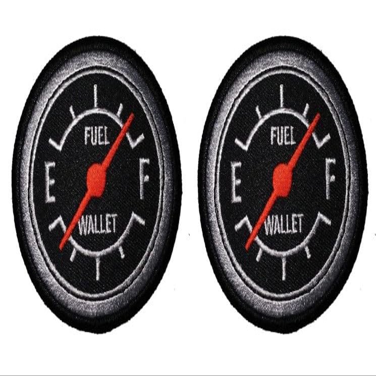 Fuel Gauge Round Fuel Wallet Gas Gauge [Iron on 3.0 Inch Biker Patch] 2 Piece for Vest, Jackets, Pack Backs, Hats, Tactical Gears
